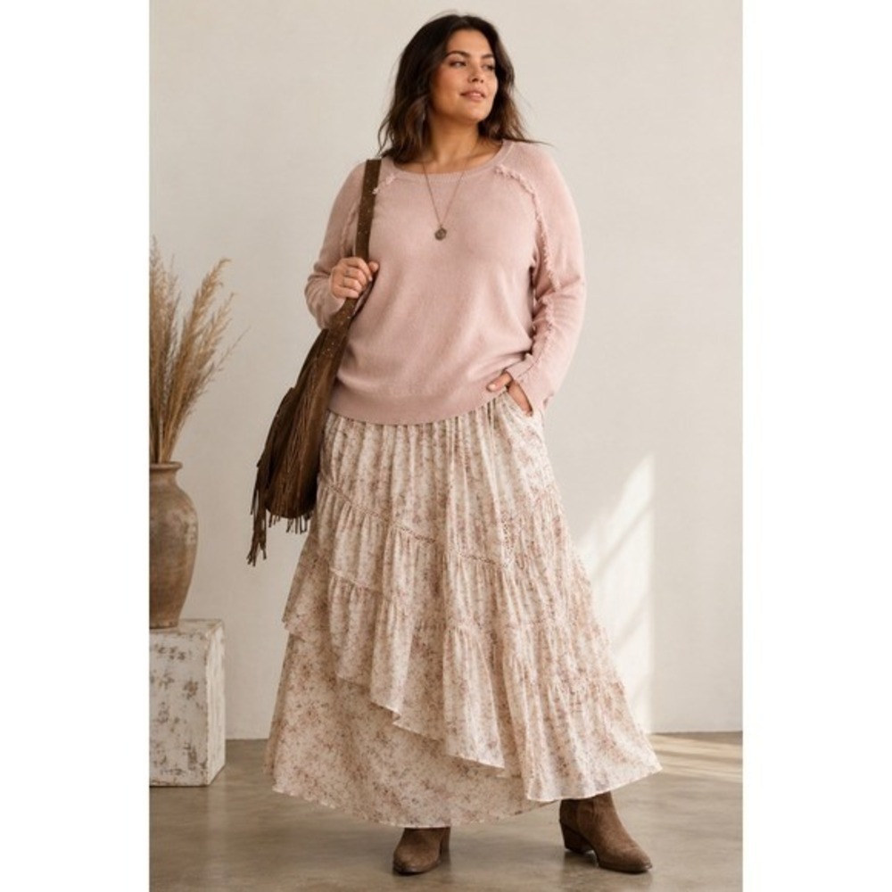 Calvin Klein Blush Pink Fringe Pullover Sweater 1X Boho Chic Cozy Relaxed